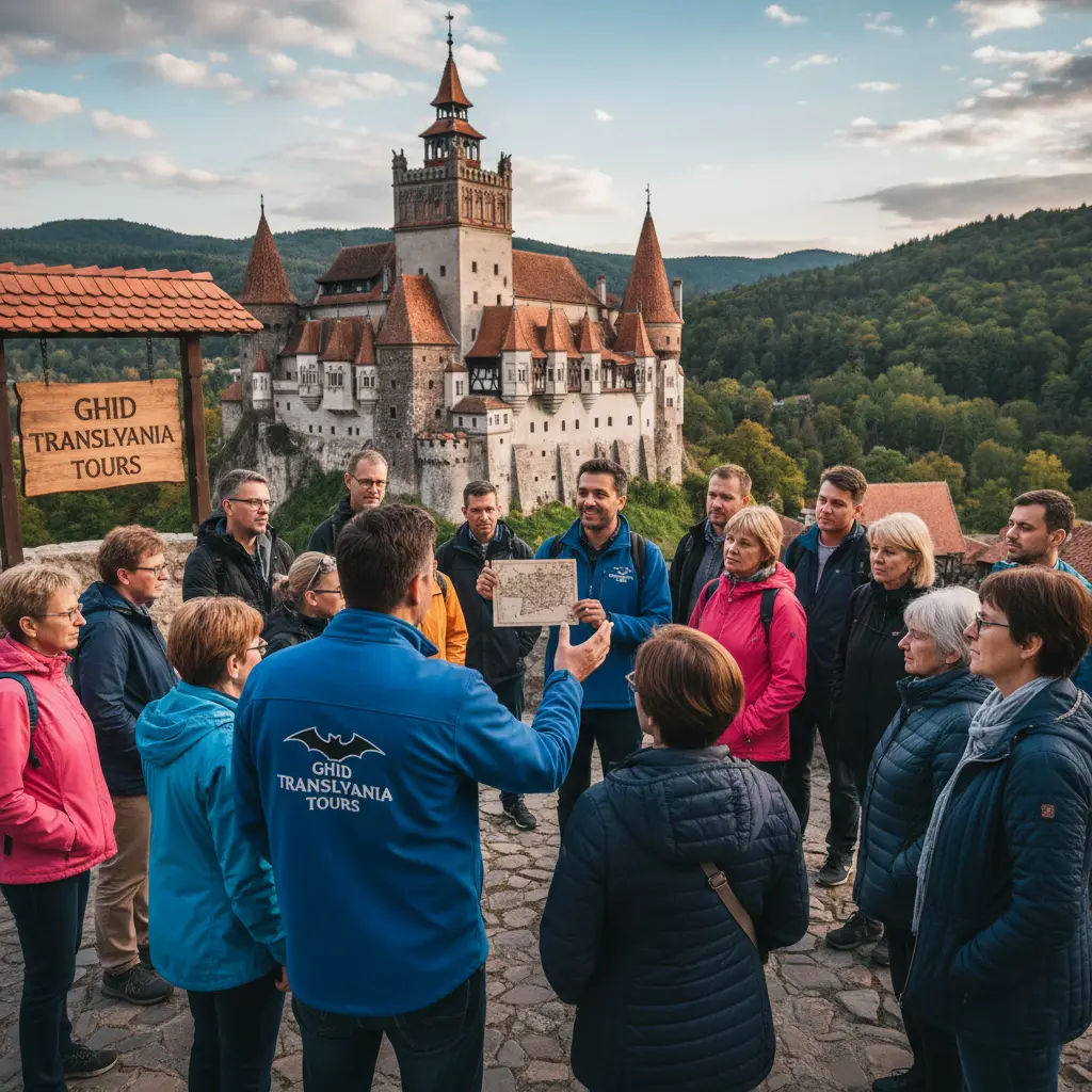 Ghid Transylvania Tours explicând unui grup în fața Castelului Bran